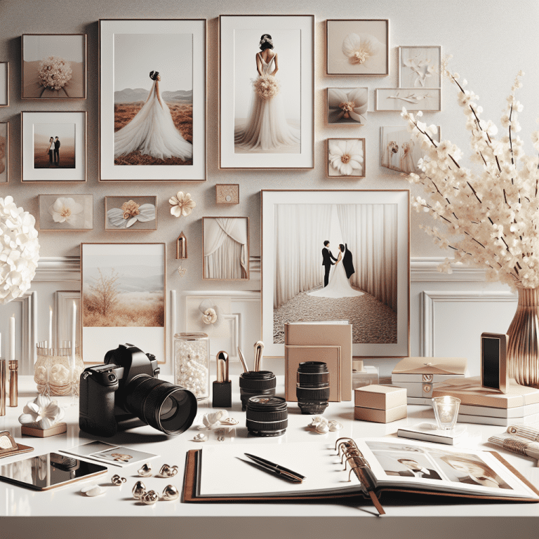 ציוד צילום מקצועי לחתונות, אלבומי חתונה מעוצבים והדפסות אומנותיות, מונחים על שולחן בסביבה אלגנטית – מסמל צלם חתונות חרדי מומלץ המתאים למגזר הדתי והחרדי.