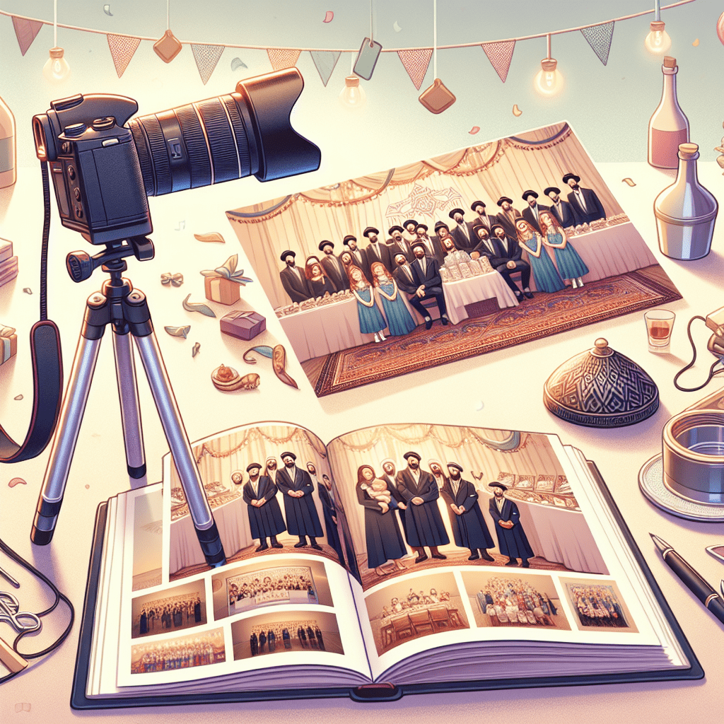 אלבום תמונות פתוח לצד מצלמה מקצועית על חצובה באירוע ברית, עם תמונות צבעוניות מהאירוע וקישוטי חג עדינים, המייצגים צילום ברית מקצועי של מיכאל הצלם