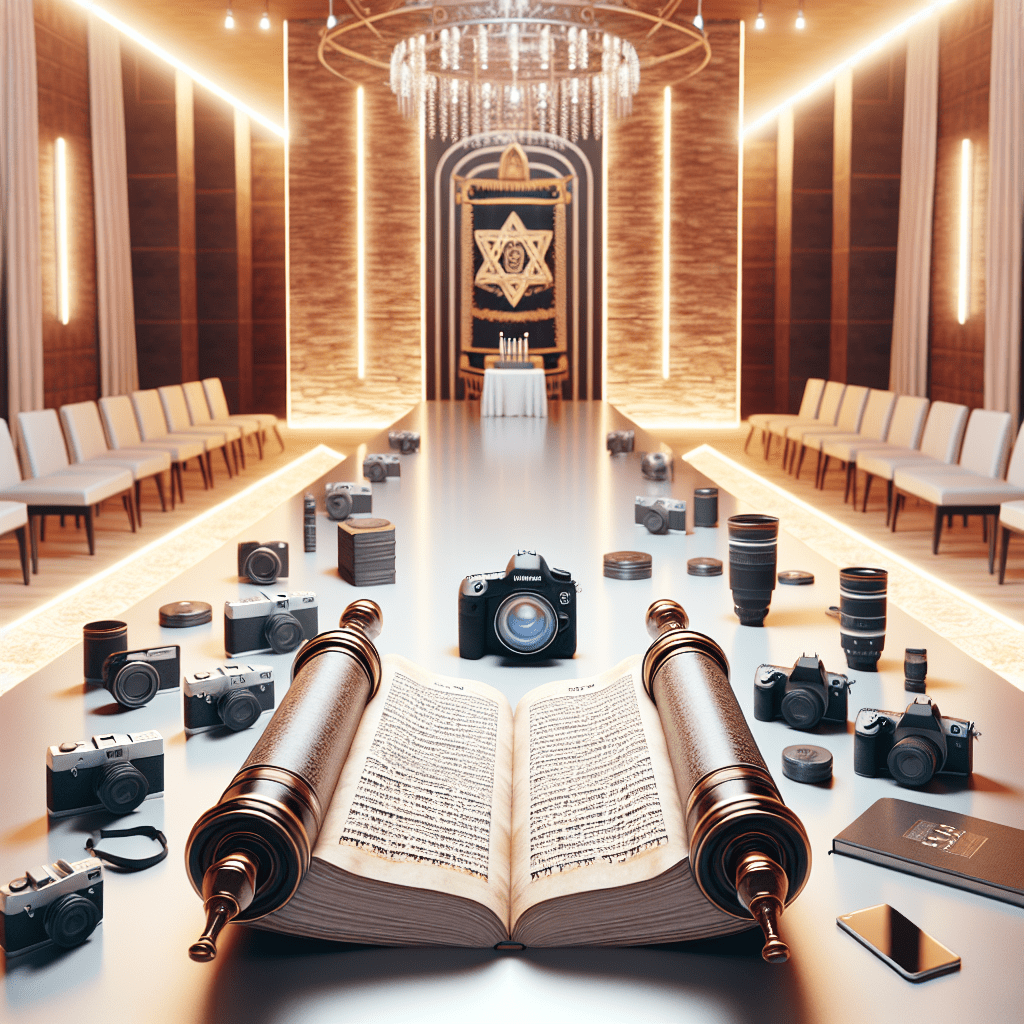 ספר תורה פתוח ואלבום תמונות מהודר על בימה בבית כנסת מודרני עם מצלמות מקצועיות, מסמל שירותי צילום מקצועיים לעליה לתורה