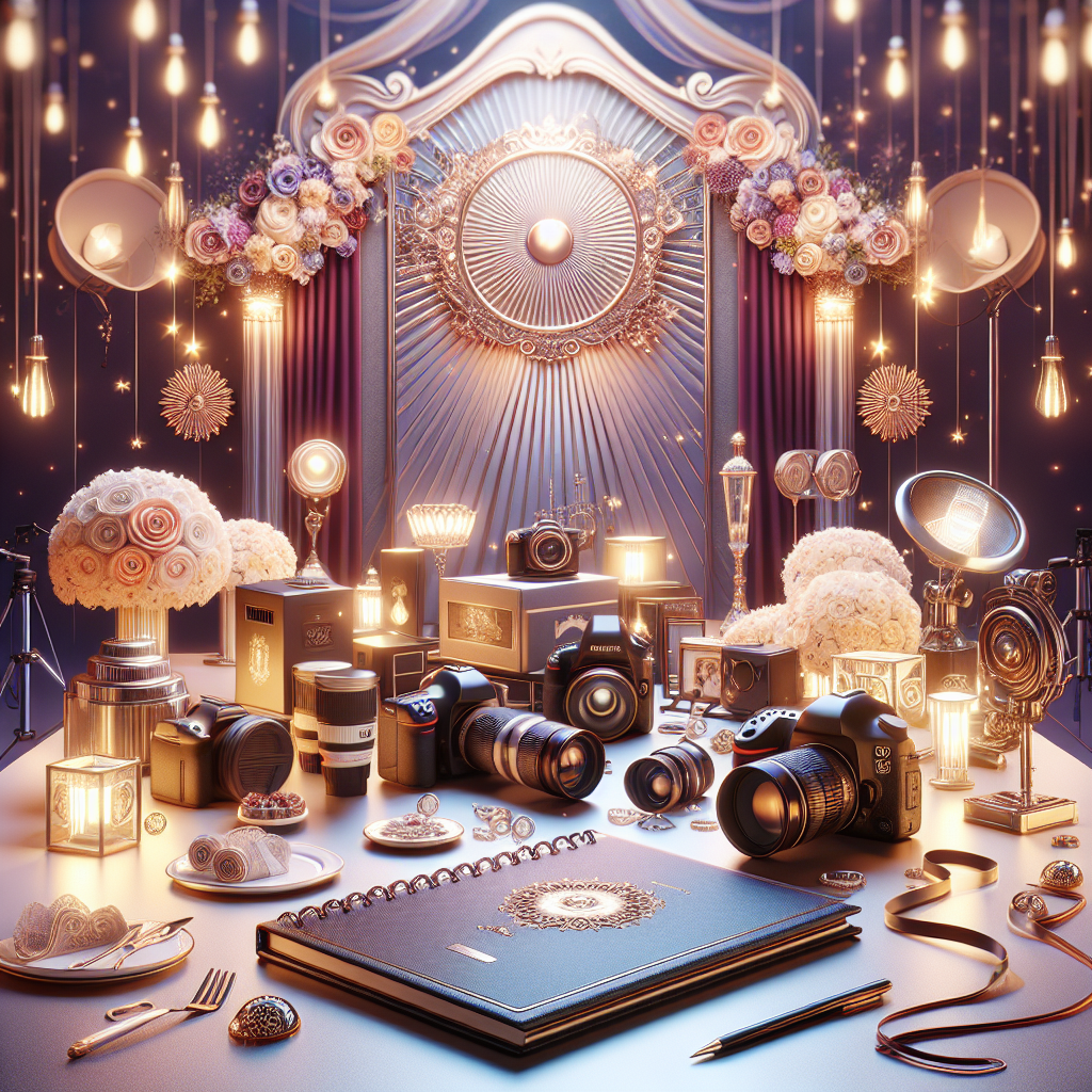 ציוד צילום מקצועי, כולל מצלמות DSLR, עדשות ואלבומי תמונות, על שולחן מסודר, ברקע רמזים לאירוע חגיגי. התמונה מדגישה מקצועיות של צלם לעליה לתורה וממחישה את בחירת הצלם לאירוע.