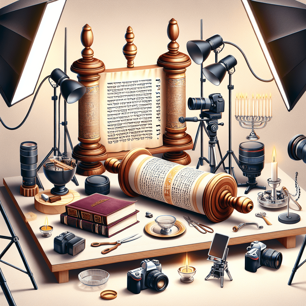 ציוד צילום מקצועי לצד ספר תורה, אלבומי תמונות ותאורה דקורטיבית – תצוגה המדגישה את השירות של צלם לעליה לתורה בשילוב בין מסורת לצילום מודרני