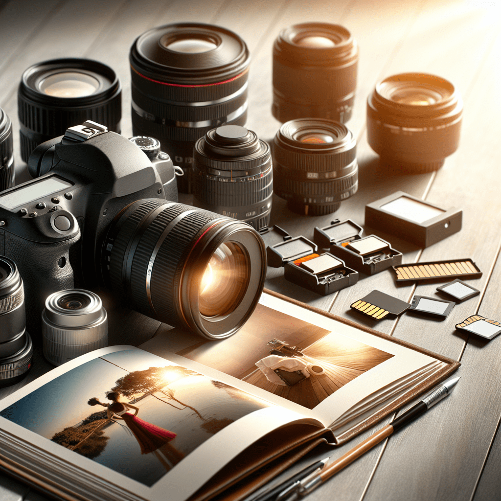 ציוד מקצועי של צלם אירועים, כולל מצלמות DSLR, עדשות ואלבום תמונות פתוח, מתאים למאמר בנושא איך לבחור צלם אירועים וטיפים ממיכאל הצלם