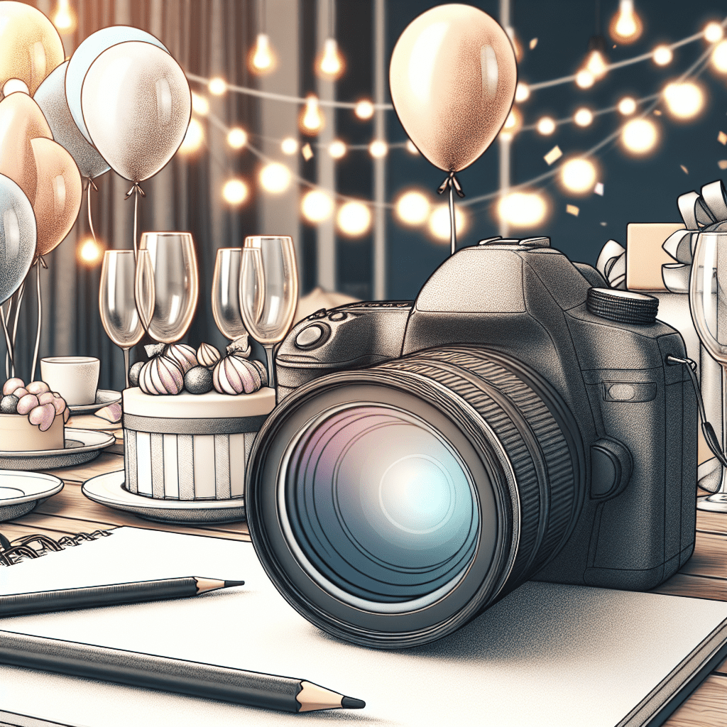 מצלמה דיגיטלית מקצועית מונחת על שולחן ערוך עם בלונים ותפאורה חגיגית, לצד אלבום תמונות פתוח – אילוסטרציה לאירוע ברית וצילום מקצועי לאלבום משפחתי.