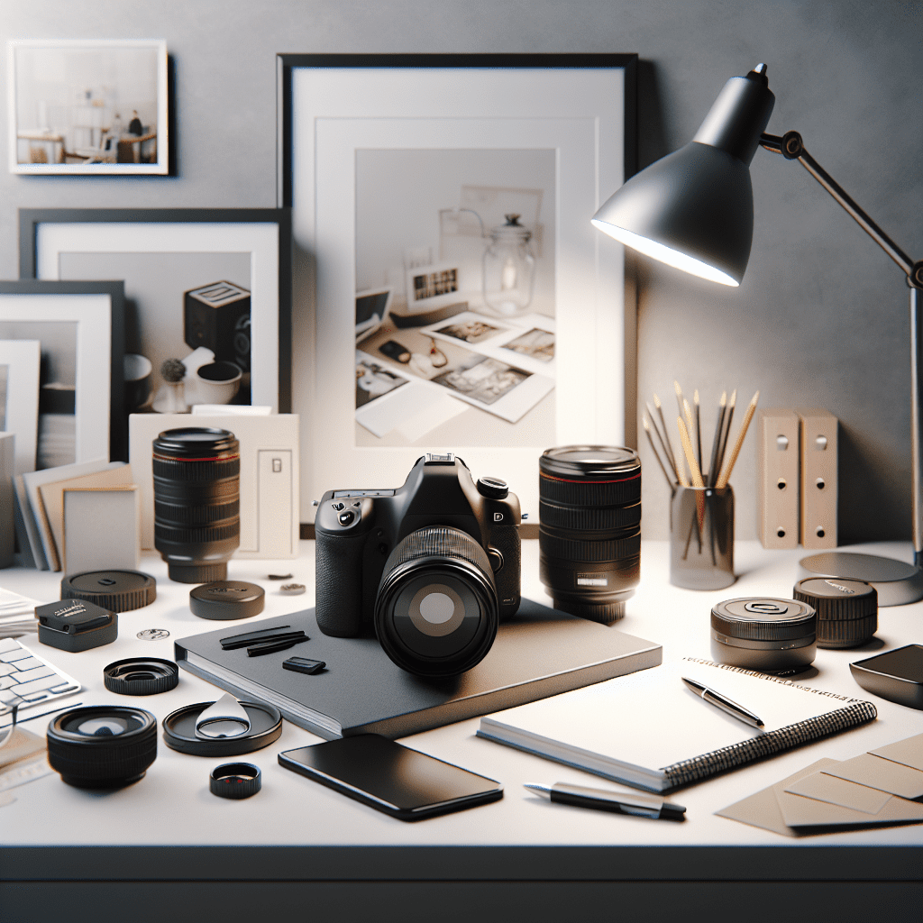 מצלמת DSLR מקצועית עם עדשות וציוד צילום נוסף על שולחן, ברקע אלבום תמונות מעוצב – המחשה לצלם סטילס מקצועי, בהשראת מיכאל הצלם