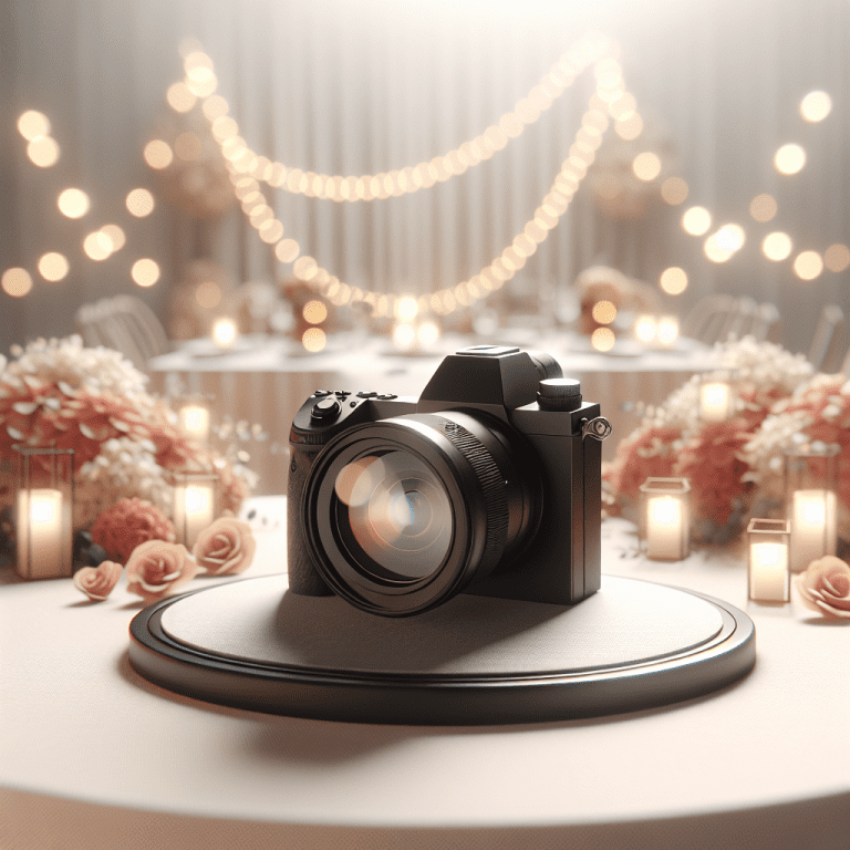מצלמה מקצועית מונחת על שולחן עם קישוטי אירוע אלגנטיים ואורות חגיגיים ברקע, מסמלת את עולם צילום האירועים של מיכאל הצלם