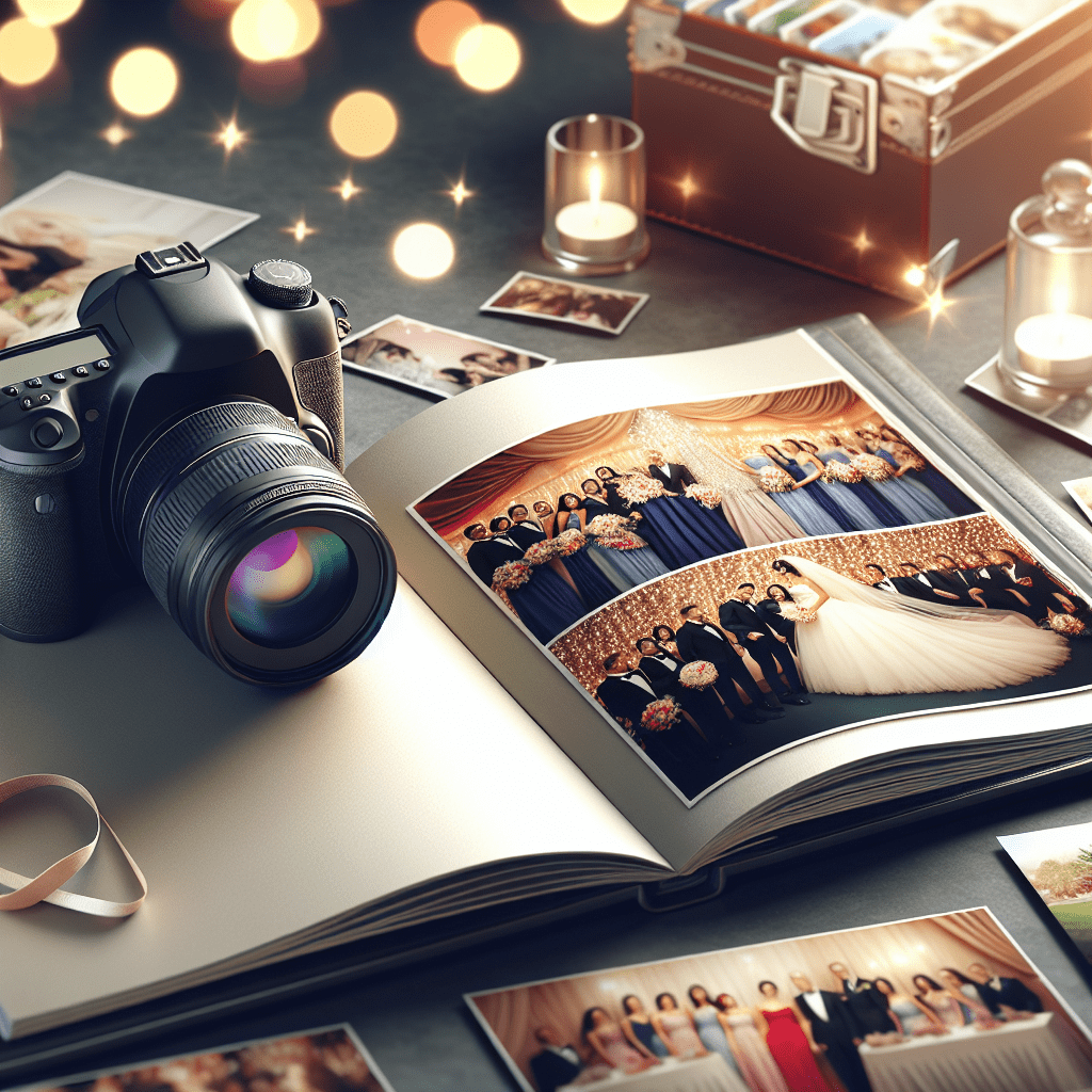 מצלמת DSLR מקצועית ואלבום תמונות אירועים פתוח על שולחן, מסמלים בחירה נכונה של צלם אירועים איכותי
