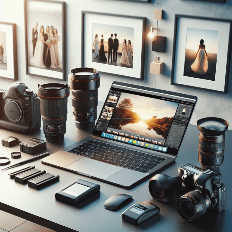 עמדת עבודה מודרנית של צלם סטילס מקצועי עם מצלמת DSLR, עדשות, מחשב נייד המציג תמונות אירועים ערוכות ואביזרי צילום, מתאימים לנושא מיכאל הצלם והצלחת צילום אירועים.