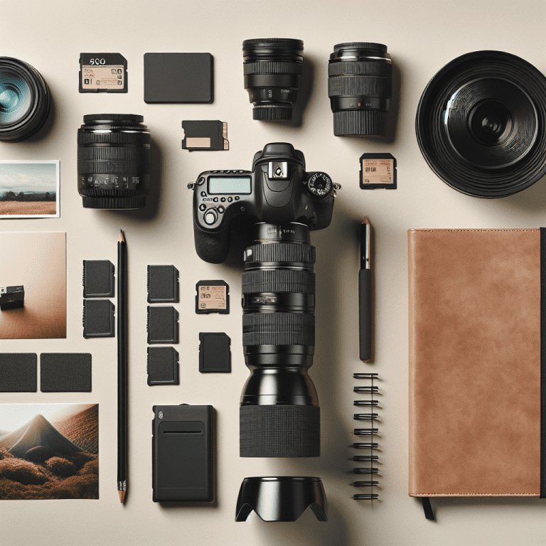 ציוד צילום סטילס מקצועי – מצלמת DSLR, עדשות, כרטיסי זיכרון ודוגמאות תמונות-סטילס מודפסות הממחישות אמנות צילום בסגנון מודרני, בהשראת מיכאל הצלם