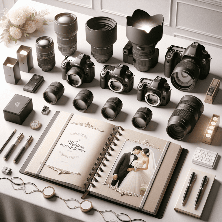 ציוד צילום חתונה איכותי עם מצלמות DSLR, עדשות, פלאשים ואלבום חתונה פתוח, הממחישים את חשיבות בחירת חבילת צילום לחתונה עם מיכאל הצלם