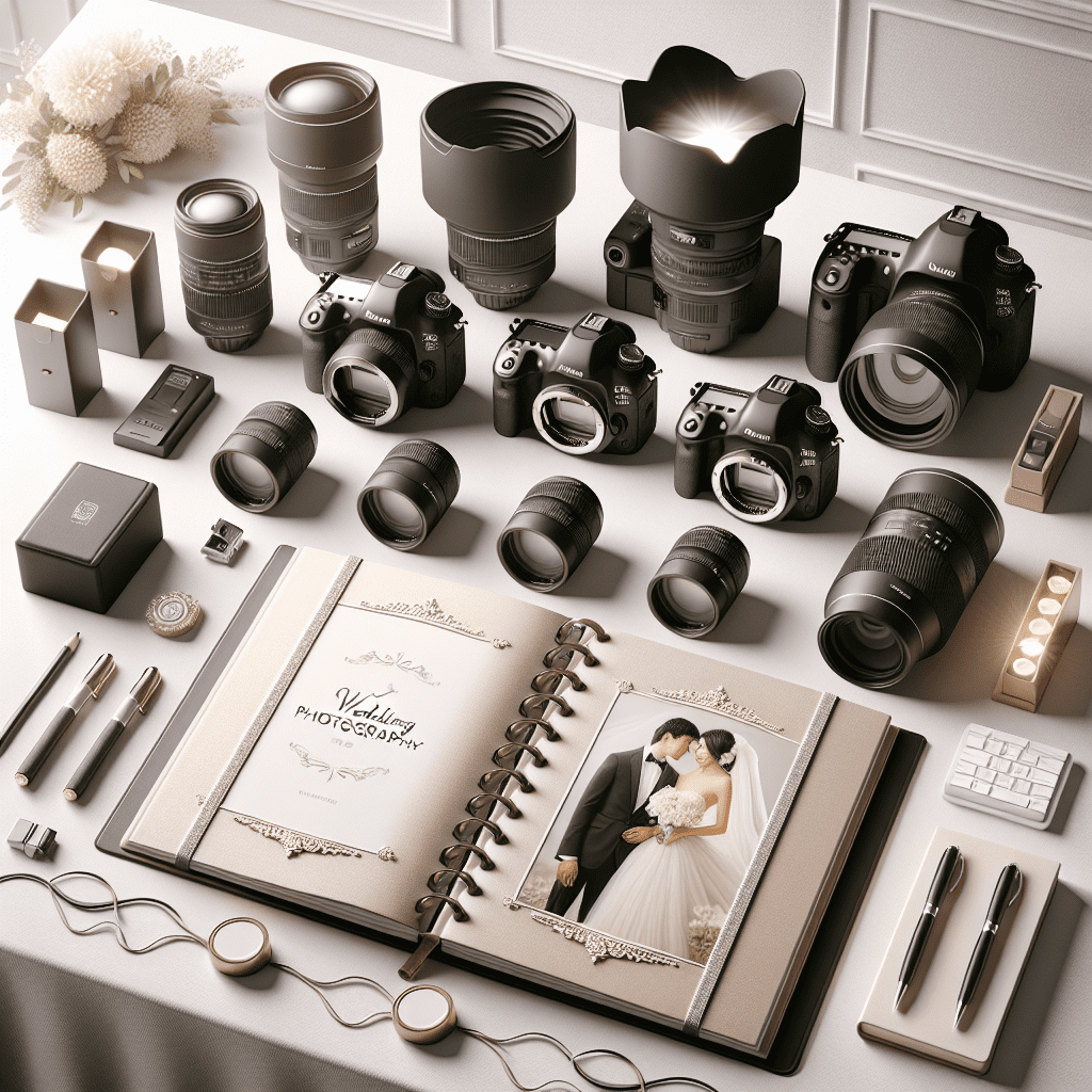 ציוד צילום חתונה איכותי עם מצלמות DSLR, עדשות, פלאשים ואלבום חתונה פתוח, הממחישים את חשיבות בחירת חבילת צילום לחתונה עם מיכאל הצלם