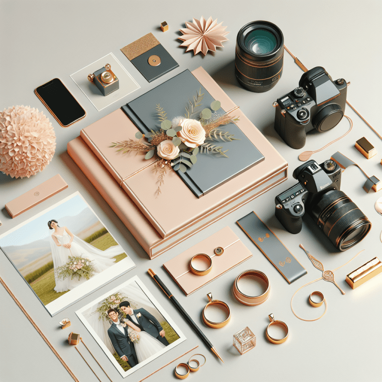 חבילת צילום לחתונה של מיכאל הצלם: מצלמת מקצועית, אלבומי תמונות מהודרים ודוגמאות של תמונות חתונה, לצד טבעות ובוקעת פרחים, משדרגים את חווית האירוע