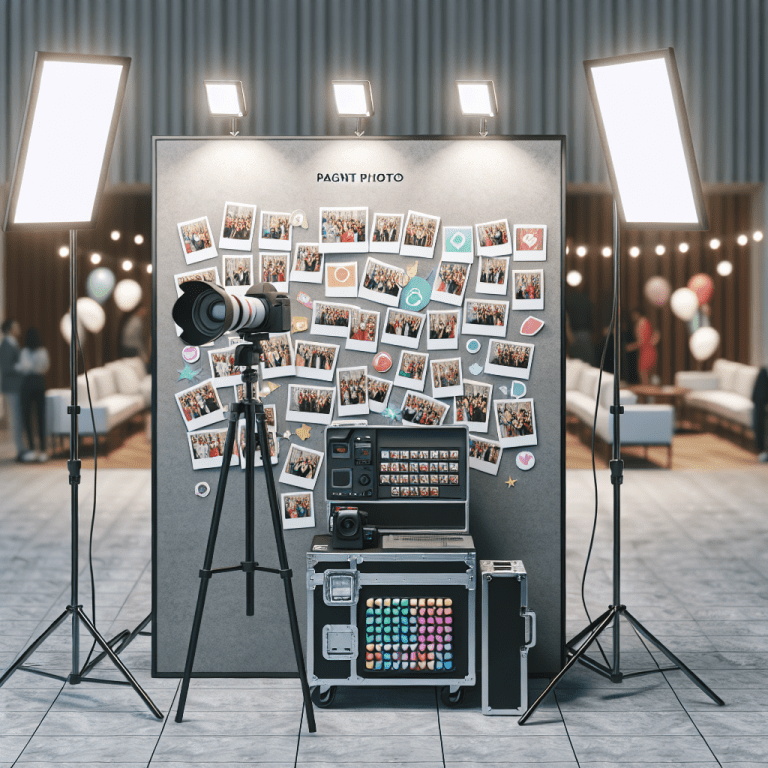 עמדת צילום מגנטים מקצועית לאירועים עם מצלמת DSLR חדישה, מגנטים צבעוניים מוצגים על לוח מתכת מעוצב וציוד צילום נוסף, בלי אנשים בפריים. תמונה זו מדגישה שירותי צילום מגנטים זול ואיכותי לאירועים.