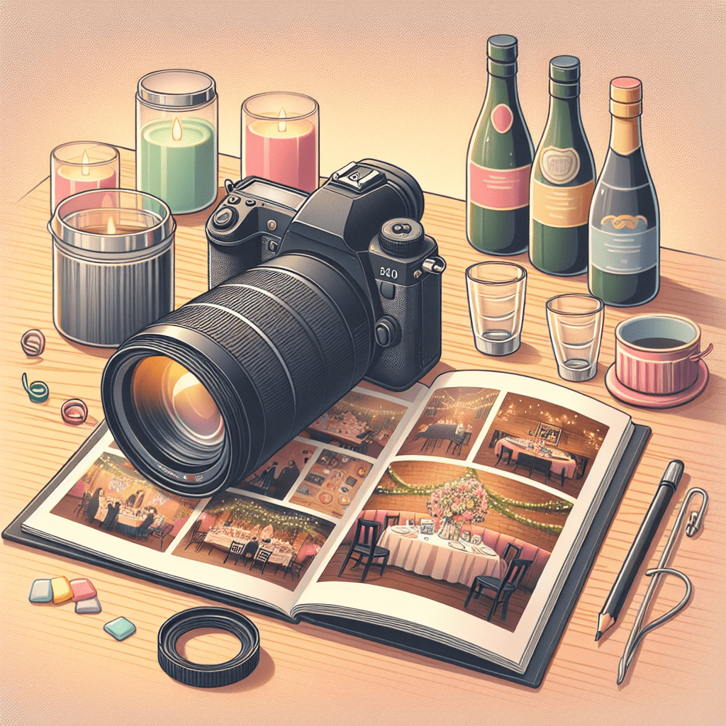 מצלמת DSLR מקצועית ואלבום תמונות פתוח עם צילומים מאירוע קטן, מוקפים בקישוטים עדינים, מסמלים את עבודתו של מיכאל הצלם וחשיבות צלמי סטילס לאירועים קטנים