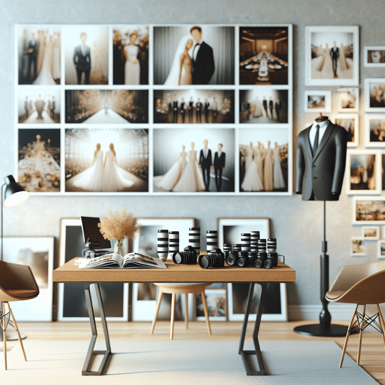 ציוד צילום מקצועי – מצלמות DSLR עדכניות, עדשות איכותיות ואלבומי תמונות מעוצבים על שולחן עבודה מודרני. ברקע נראות תמונות מאירועים, מדגיש את בחירת צלמי סטילס לאירועים קטנים וגדולים.