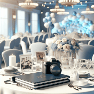 ציוד צילום מקצועי ואלבומי תמונות מונחים על שולחן אירוע מואר, לצד קישוטים וסמלים של חגיגה משפחתית – מתאים למאמר על בחירת צלם לברית