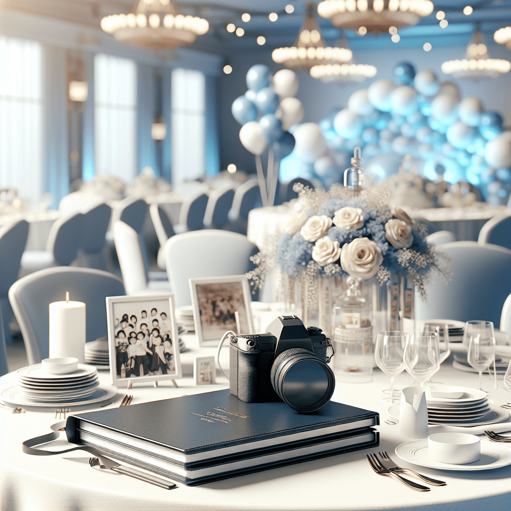 ציוד צילום מקצועי ואלבומי תמונות מונחים על שולחן אירוע מואר, לצד קישוטים וסמלים של חגיגה משפחתית – מתאים למאמר על בחירת צלם לברית