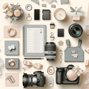 ציוד צילום מקצועי מונח בצורה מסודרת ליד אביזרי תינוקות מעוצבים, המשקפים הכנה לצלם לברית ומתאימים למאמר טיפים של מיכאל הצלם