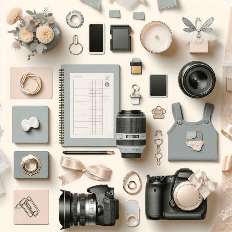 ציוד צילום מקצועי מונח בצורה מסודרת ליד אביזרי תינוקות מעוצבים, המשקפים הכנה לצלם לברית ומתאימים למאמר טיפים של מיכאל הצלם