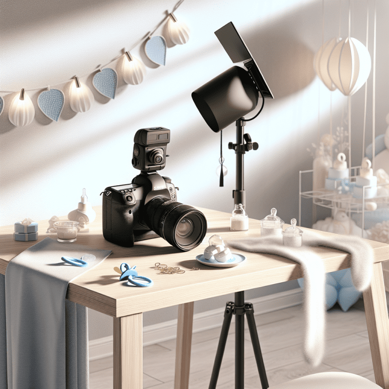 ציוד צילום מקצועי מונח על שולחן עץ לצד אביזרי תינוק עדינים וקישוטים בגוונים כחול ולבן, מדגיש את המומחיות של צלם לברית מיכאל הצלם.