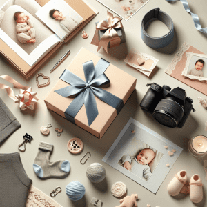 מצלמה מקצועית, אלבום תמונות לתינוק, והדפסות תמונה מונחות על רקע ניטרלי לצד אביזרים ועיטורים לתינוק, משדרים אווירה של צילום אירועי ברית עם דגש על מקצועיות.