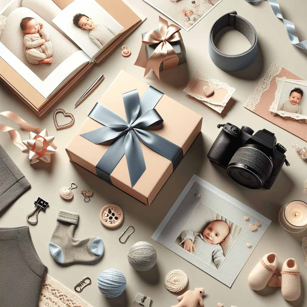 מצלמה מקצועית, אלבום תמונות לתינוק, והדפסות תמונה מונחות על רקע ניטרלי לצד אביזרים ועיטורים לתינוק, משדרים אווירה של צילום אירועי ברית עם דגש על מקצועיות.