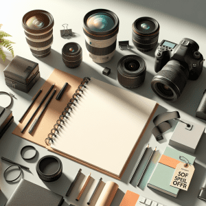 ציוד צילום מקצועי כמו מצלמת DSLR, עדשות ואלבום תמונות לצד תג מחיר המבליט הצעה מיוחדת, מסודרים על שולחן עבודה מודרני ומואר. התמונה משדרת איכות גבוהה ומבליטה את חבילות הצילום של מיכאל הצלם.