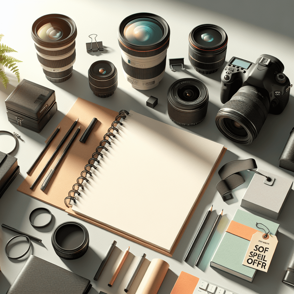 ציוד צילום מקצועי כמו מצלמת DSLR, עדשות ואלבום תמונות לצד תג מחיר המבליט הצעה מיוחדת, מסודרים על שולחן עבודה מודרני ומואר. התמונה משדרת איכות גבוהה ומבליטה את חבילות הצילום של מיכאל הצלם.