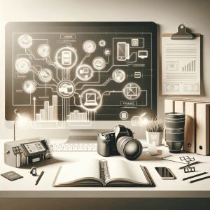 חבילת צילום מקצועית עם מצלמת DSLR, חוברת חבילות צילום, ואביזרי צילום על שולחן עבודה – המחשה לטיפים לבחירת חבילות צילום של מיכאל הצלם