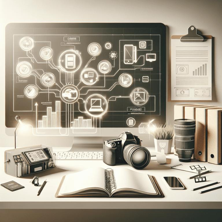 חבילת צילום מקצועית עם מצלמת DSLR, חוברת חבילות צילום, ואביזרי צילום על שולחן עבודה – המחשה לטיפים לבחירת חבילות צילום של מיכאל הצלם