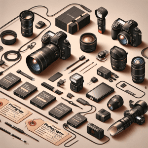 ציוד צילום מקצועי ומגוון חבילות צילום של מיכאל הצלם, כולל מצלמה דיגיטלית, עדשות ועזרים, בצילום אסתטי על רקע ניטרלי