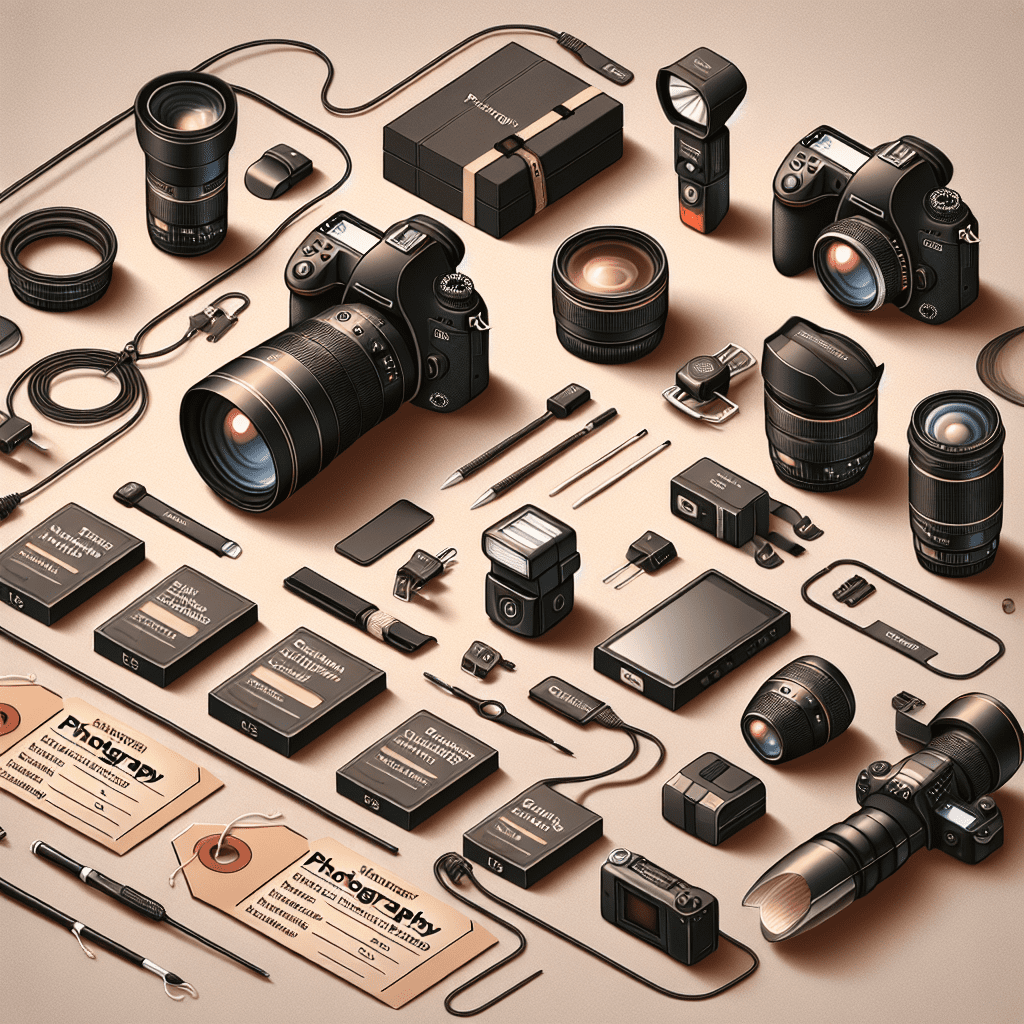 ציוד צילום מקצועי ומגוון חבילות צילום של מיכאל הצלם, כולל מצלמה דיגיטלית, עדשות ועזרים, בצילום אסתטי על רקע ניטרלי