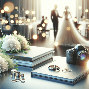 מצלמת DSLR מקצועית מונחת על שולחן עבודה לצד אלבום חתונה מהודר, טבעות נישואין וזר פרחים לבן, כסמל לבחירת צלם חתונות מקצועי