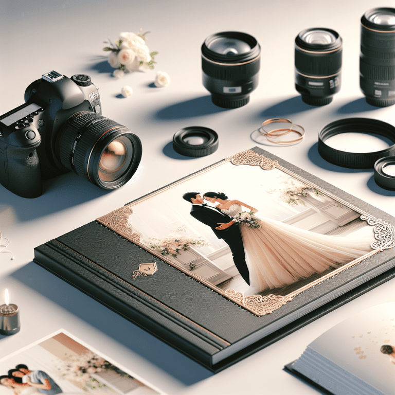 מצלמת DSLR מקצועית ואלבום חתונה מעוצב מונחים על שולחן, עם ציוד צילום נוסף ברקע, מייצגים את תחום צילום החתונות ובחירת צלם אירועים איכותי