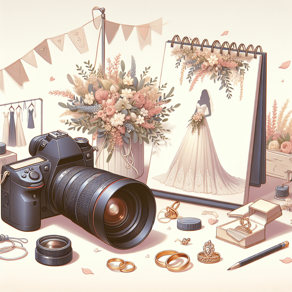 ציוד צילום מקצועי של צלם חתונות כולל מצלמה מתקדמת, אלבום תמונות חתונה, וקישוטי חתונה יוקרתיים, הממחישים את היתרונות של צלם חתונות מקצועי לאירועים
