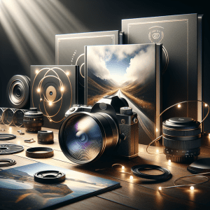 מצלמה מקצועית וציוד צילום אומנותי על שולחן, עם אלבומי צילום יוקרתיים – המחשה לבחירת צלם דתי אמנותי למגזר הדתי והחרדי