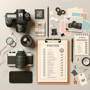 מצלמת דיגיטל מקצועית לצד דפי מחיר, רשימת בדיקת צילום ודוגמאות תמונות אומנותיות, מסודרים על שולחן בסגנון מודרני ומדגישים שירותי צילום במחירים נגישים