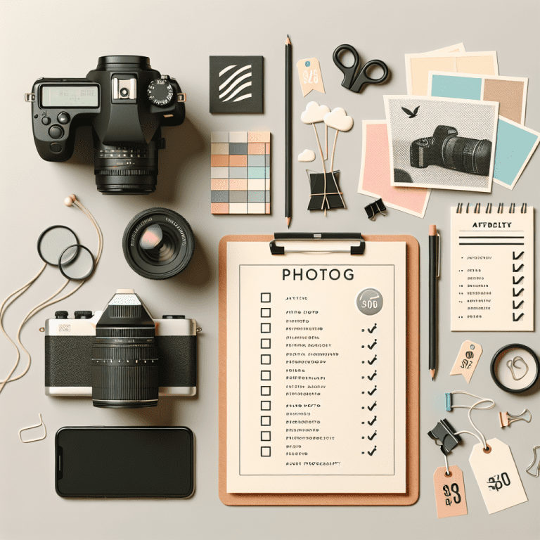 מצלמת דיגיטל מקצועית לצד דפי מחיר, רשימת בדיקת צילום ודוגמאות תמונות אומנותיות, מסודרים על שולחן בסגנון מודרני ומדגישים שירותי צילום במחירים נגישים