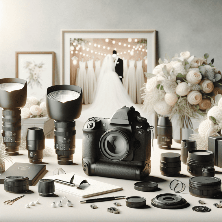 ציוד צילום מקצועי כולל מצלמת DSLR עדשות ואביזרים, מונחים על שולחן ליד אלמנטים של עיצוב חתונה כמו פרחים והזמנות, בהשראת חתונה בבית כנסת. תמונה זו מתאימה למאמר על בחירת מיכאל הצלם לחתונה בבית הכנסת.