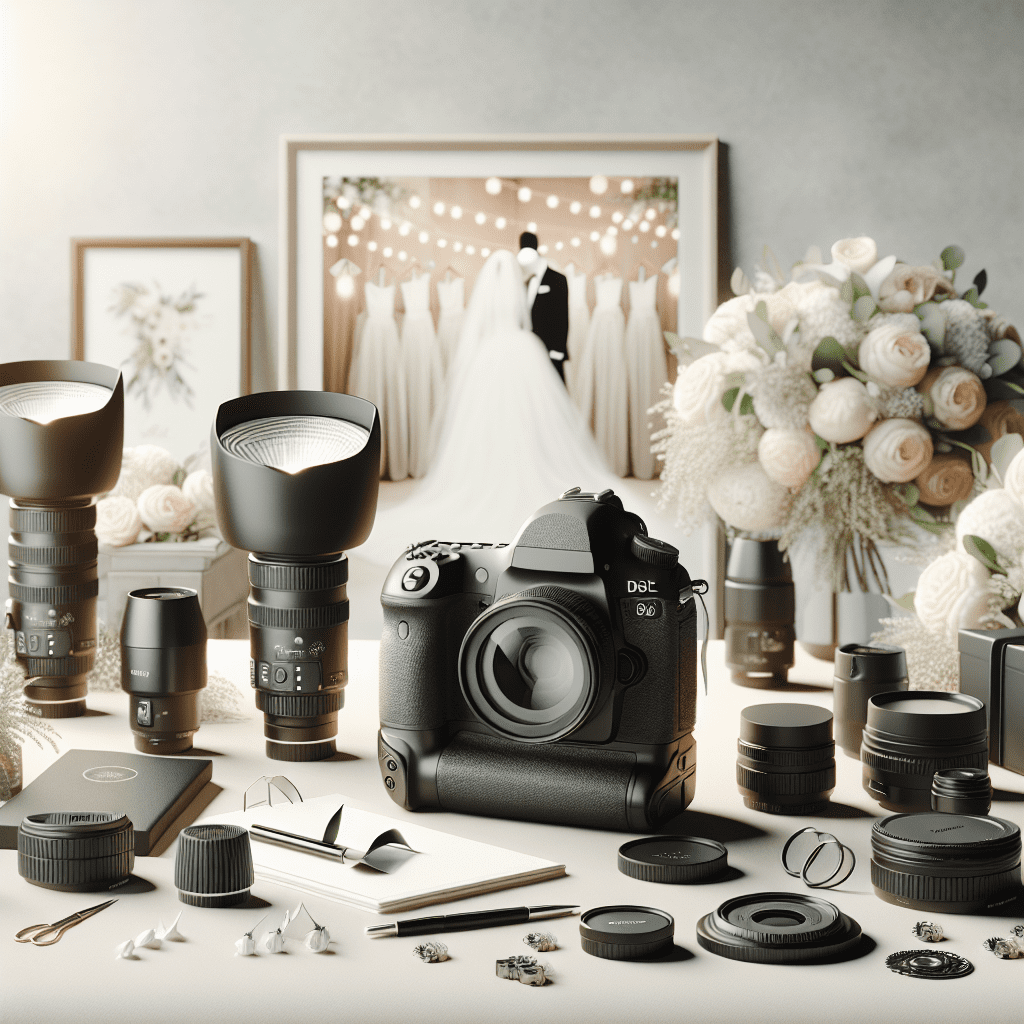 ציוד צילום מקצועי כולל מצלמת DSLR עדשות ואביזרים, מונחים על שולחן ליד אלמנטים של עיצוב חתונה כמו פרחים והזמנות, בהשראת חתונה בבית כנסת. תמונה זו מתאימה למאמר על בחירת מיכאל הצלם לחתונה בבית הכנסת.