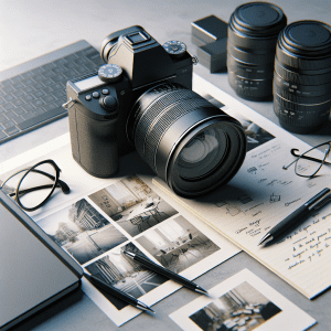 מצלמה מקצועית מונחת על שולחן עם פנקס, עט ומשקפיים, מוקפת בדוגמאות של צילומים מודפסים, להמחשת תהליך בחירת צלם זול ואיכותי מבלי להתפשר על איכות וזיכרונות.