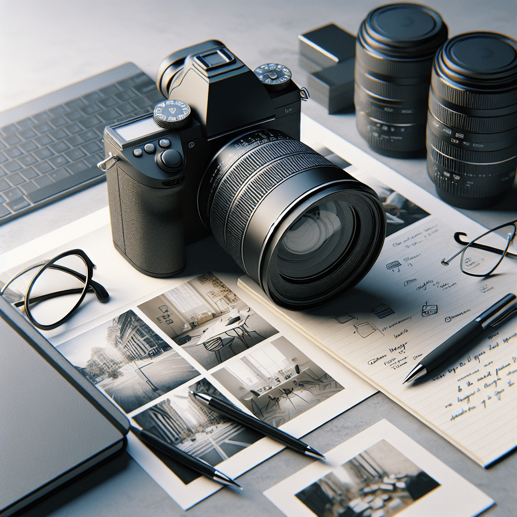 מצלמה מקצועית מונחת על שולחן עם פנקס, עט ומשקפיים, מוקפת בדוגמאות של צילומים מודפסים, להמחשת תהליך בחירת צלם זול ואיכותי מבלי להתפשר על איכות וזיכרונות.