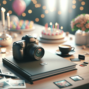 מצלמת DSLR מקצועית, אלבום תמונות מעוצב ואביזרי מסיבה קטנים על שולחן – המחשה לאפשרויות שצלמים לאירועים קטנים מציעים ליצירת מזכרת ייחודית ומרגשת