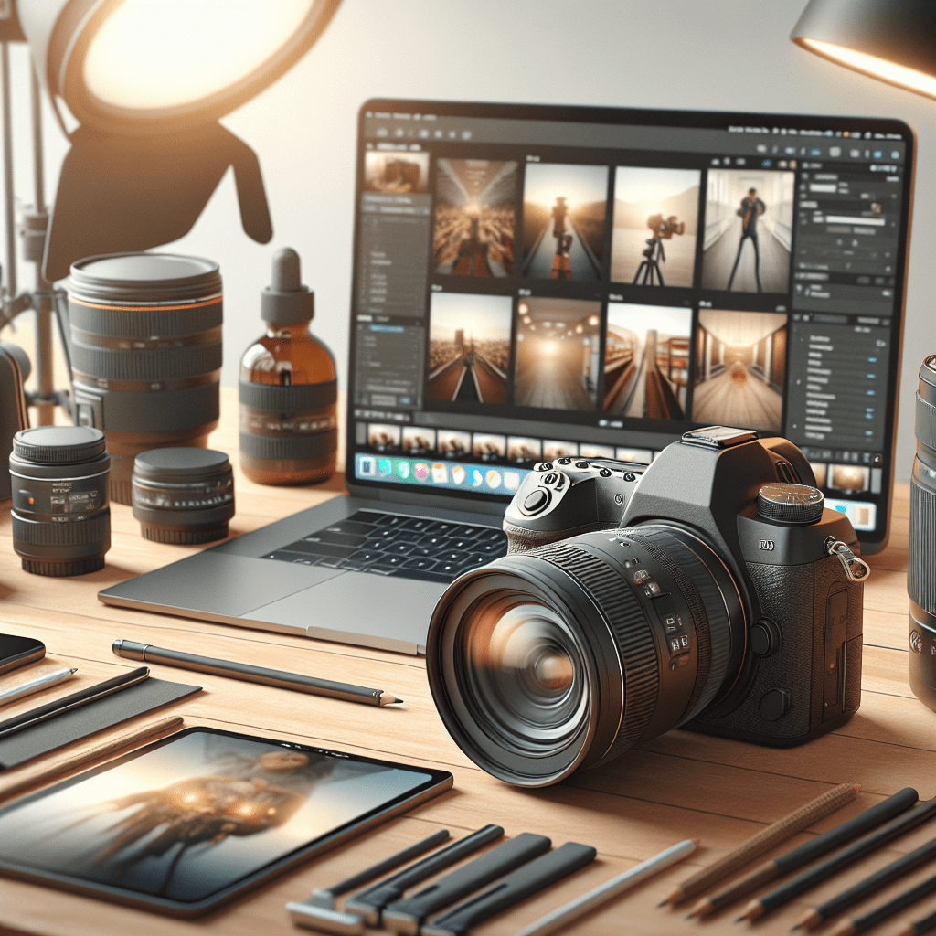 מצלמת DSLR מקצועית מוקפת תמונות סטילס וציוד צילום, מסמלת את תחום צילום הסטילס וטיפים של מיכאל הצלם