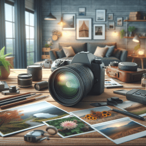 מצלמת DSLR מקצועית מוקפת בתמונות סטילס מגוונות בסטודיו צילום מודרני, מדגישה את עולמו של צילום סטילס והאפשרויות הרחבות שבו