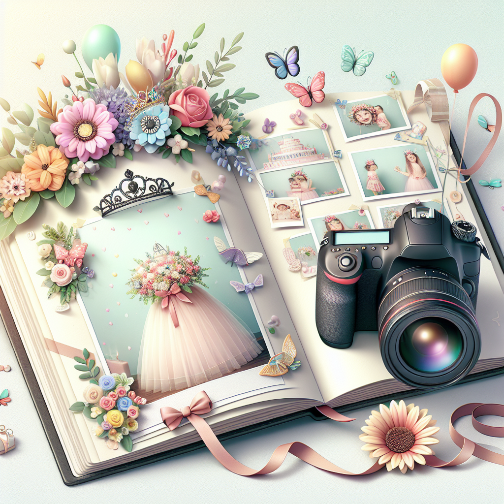 מצלמת DSLR מקצועית לצד אלבום פתוח עם תמונות צבעוניות, פרחים ובלונים ברקע, הממחישים את הייחודיות של צלם בוק בת מצווה מקצועי