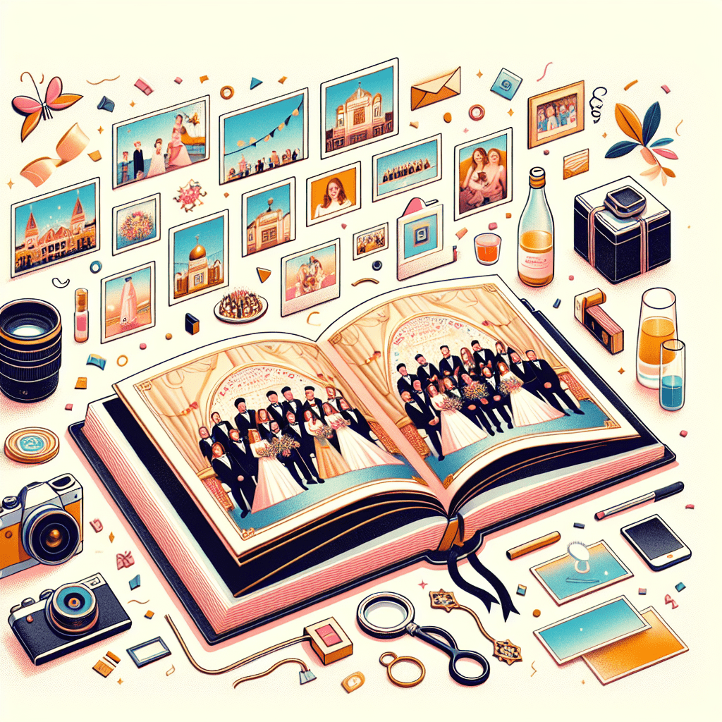 אלבום בר מצווה מעוצב פתוח, עם תמונות בר מצווה באיכות גבוהה וסמלים של צילום מקצועי, המדגישים את השירות של מיכאל הצלם