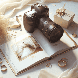 מצלמת DSLR מקצועית, אלבום חתונה פתוח, טבעות נישואין וזר פרחים קטן מסודרים על שולחן, סצנה אלגנטית ורומנטית ללא אנשים, מתאימה למאמר על בחירת צלם לחתונה