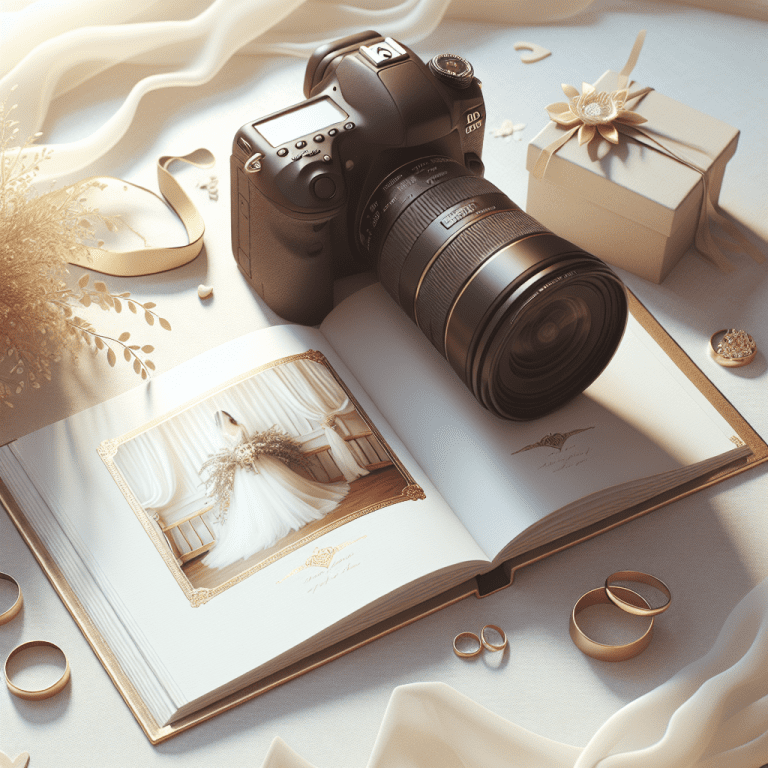 מצלמת DSLR מקצועית, אלבום חתונה פתוח, טבעות נישואין וזר פרחים קטן מסודרים על שולחן, סצנה אלגנטית ורומנטית ללא אנשים, מתאימה למאמר על בחירת צלם לחתונה