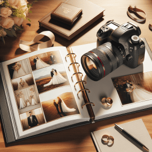 מצלמת DSLR מקצועית, אלבום תמונות חתונה פתוח וטבעות נישואין מסודרים על שולחן עץ – המחשה לבחירת צלם לחתונה ולשמירה על זיכרונות בלתי נשכחים