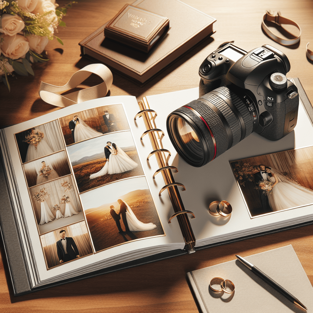 מצלמת DSLR מקצועית, אלבום תמונות חתונה פתוח וטבעות נישואין מסודרים על שולחן עץ – המחשה לבחירת צלם לחתונה ולשמירה על זיכרונות בלתי נשכחים